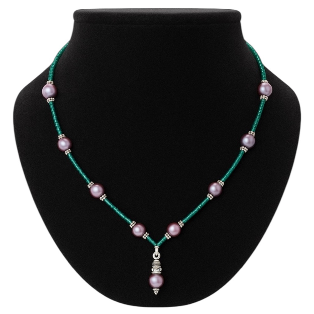 Green Purple Grey Beaded Drop Pendant Plunge Necklace